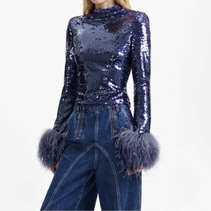 Sequined Long-Sleeve Top with Feather Cuffs - Navy